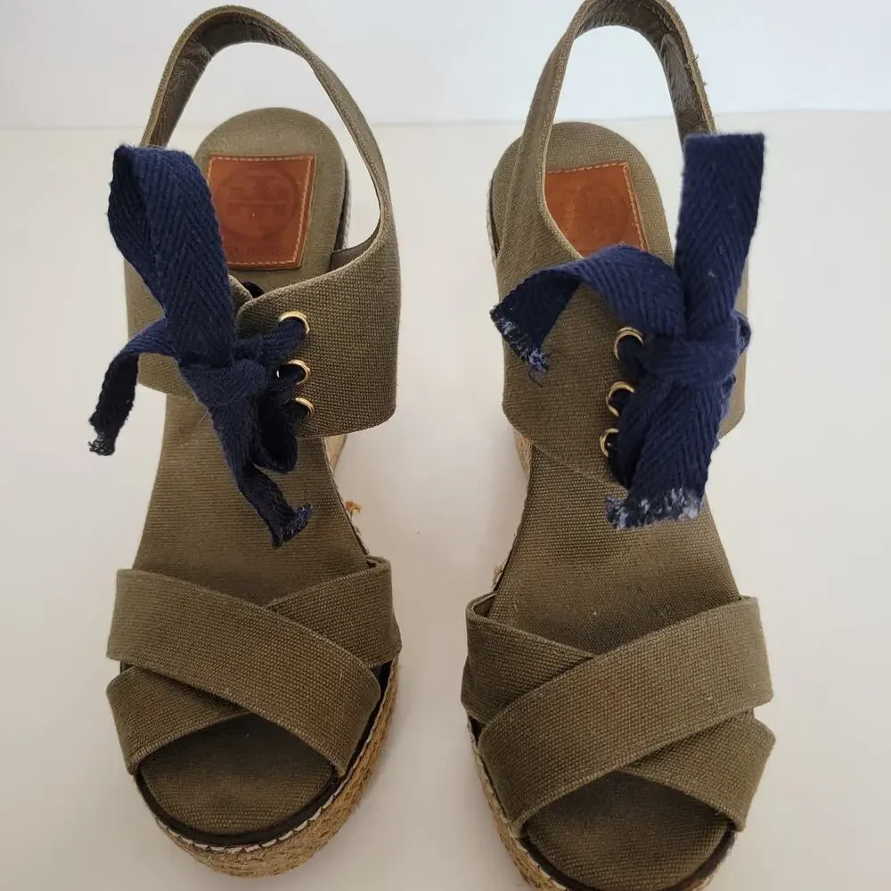 Tory Burch Lace Up Espadrille Wedge Sandals Olive Green Platform Women 9